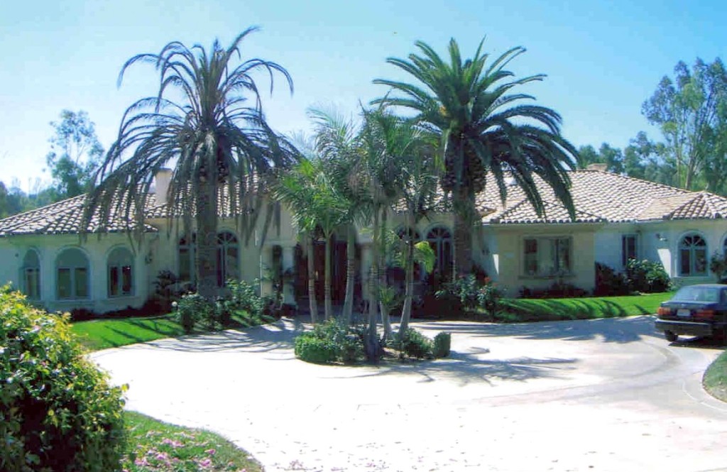 Front entrance obscured by palms