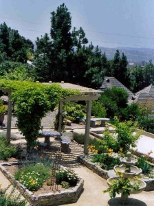 Mediterranean garden with pergola and fountain and raised vegetable beds