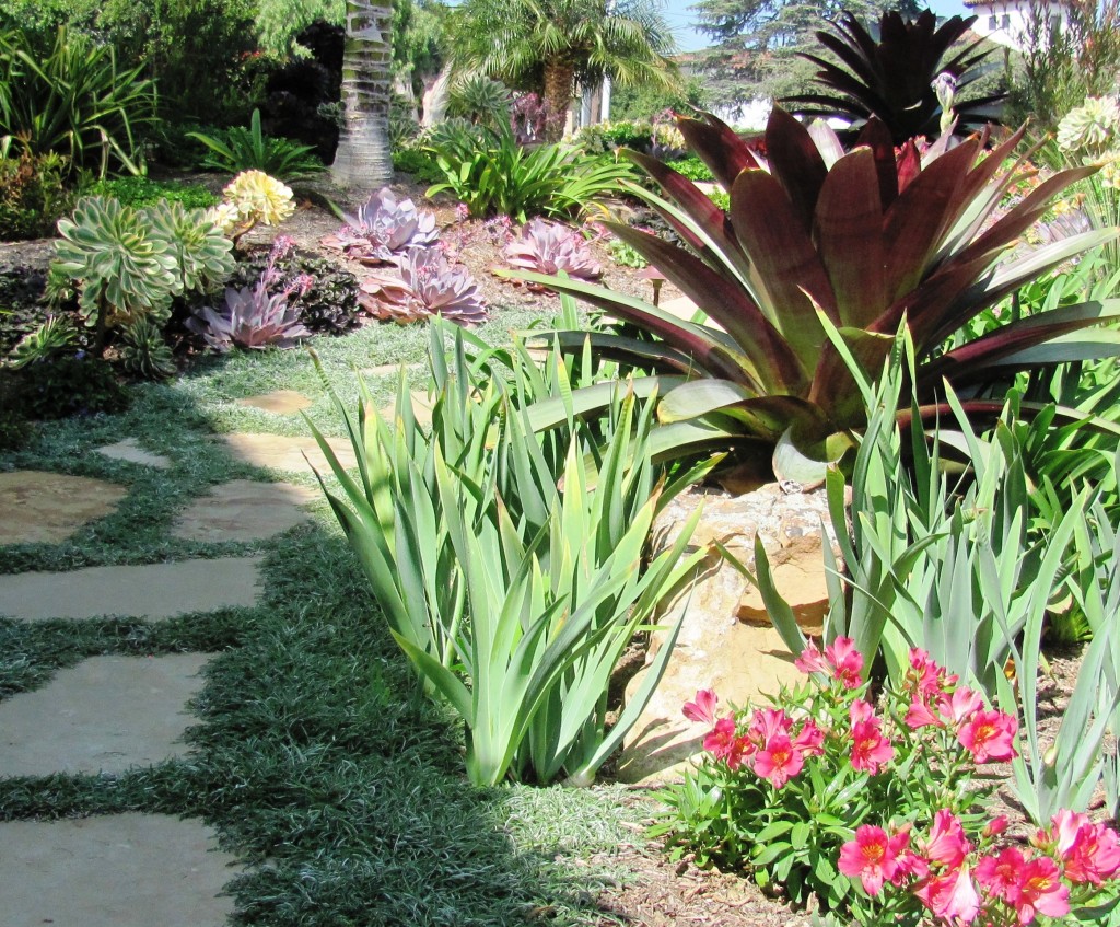 A flagstone path bisects the front garden