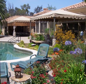 Pool and patio with canopies